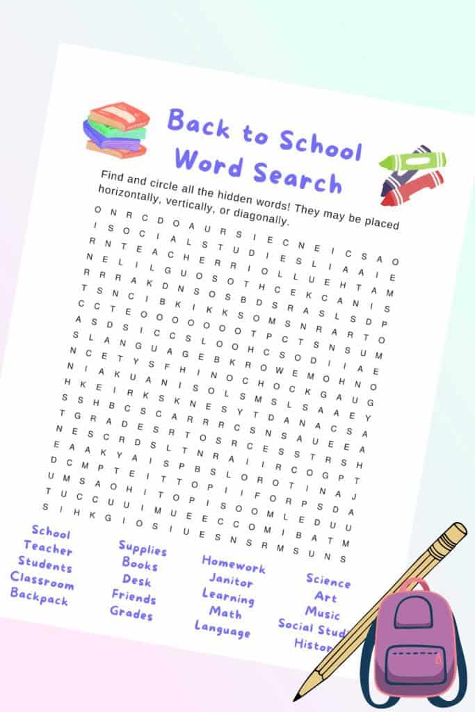 Back to School Printable Word Search