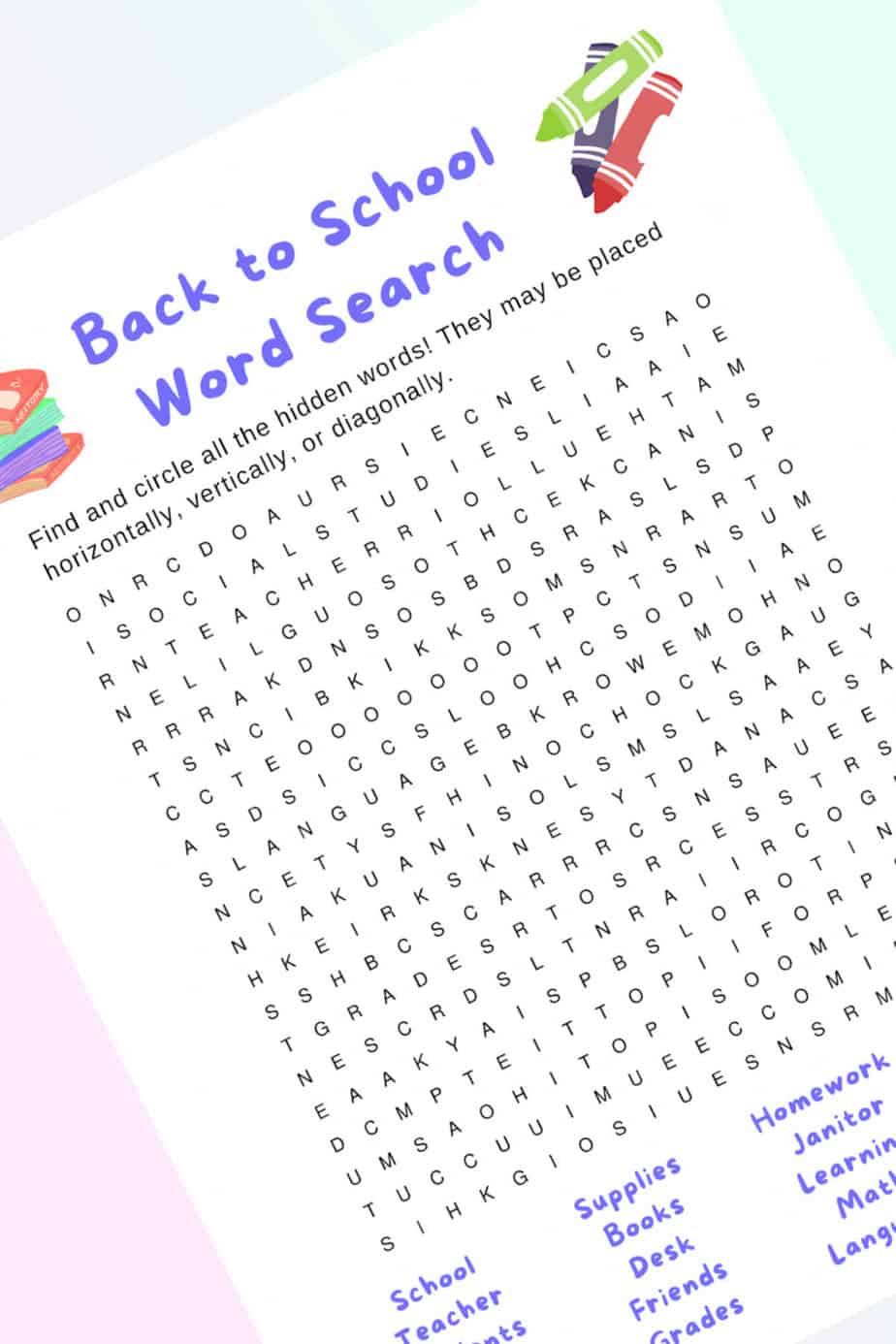 Back to School Printable Word Search