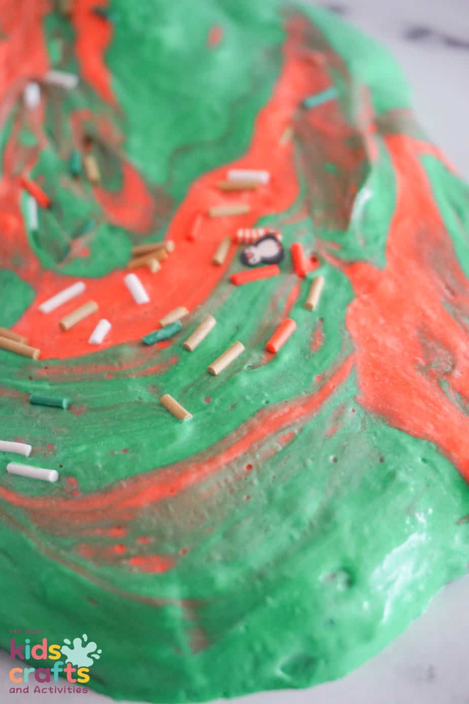 close up photo of Green and Red Fluffy Christmas Slime Recipe
