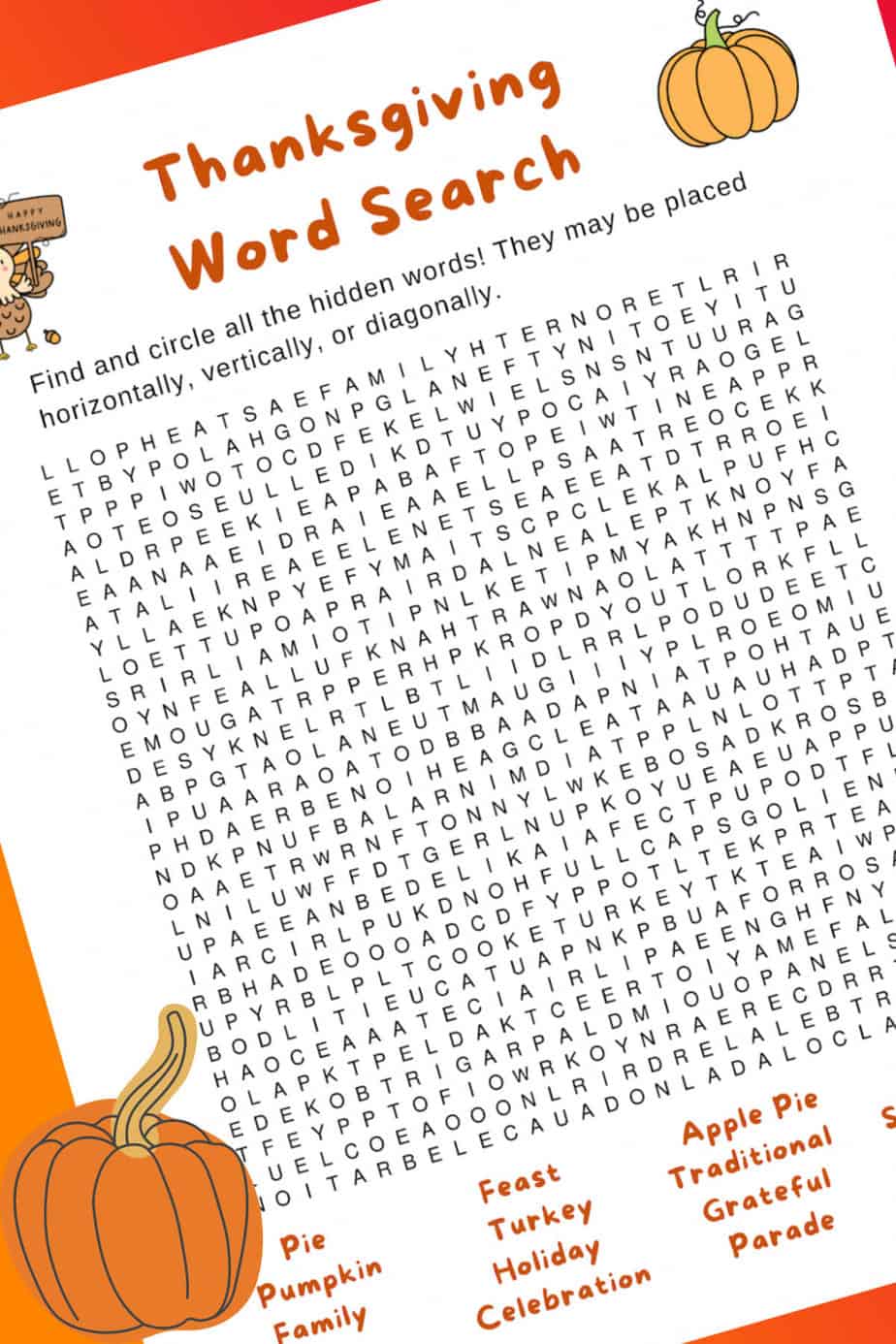 Thanksgiving themed Printable Word Search