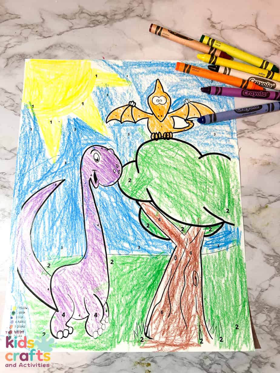 finished Dinosaur color by number printable worksheet for kids