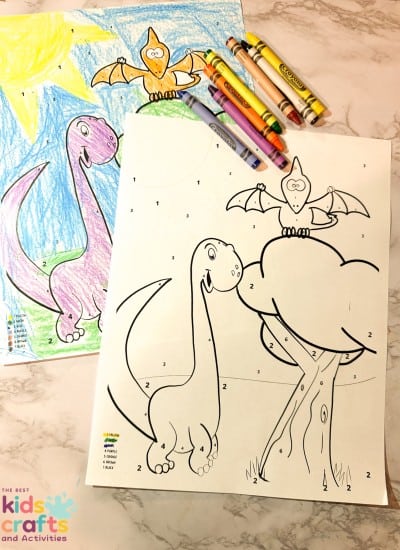 Dinosaur color by number printable worksheet for kids