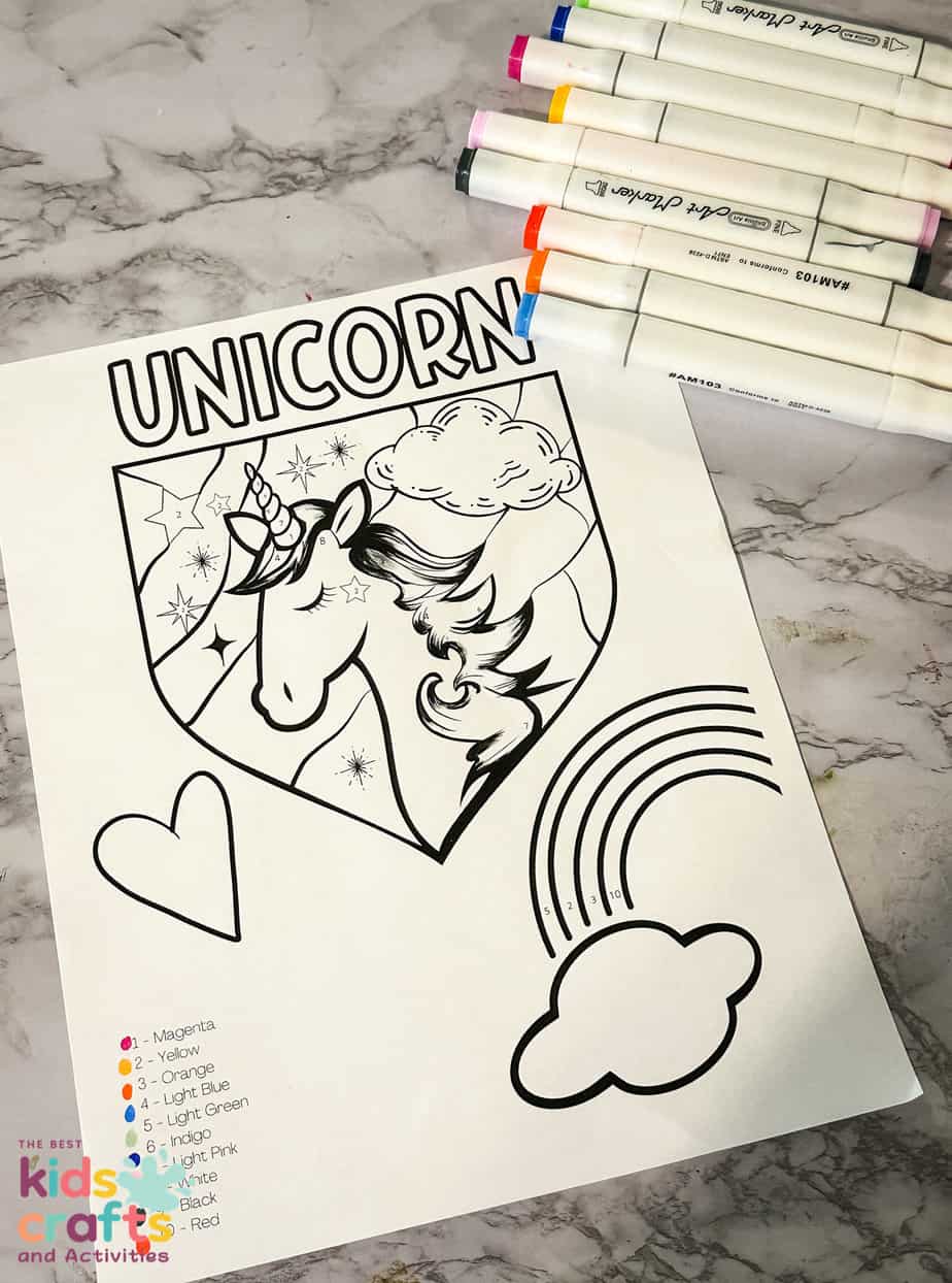 unicorn color by number printable for kids
