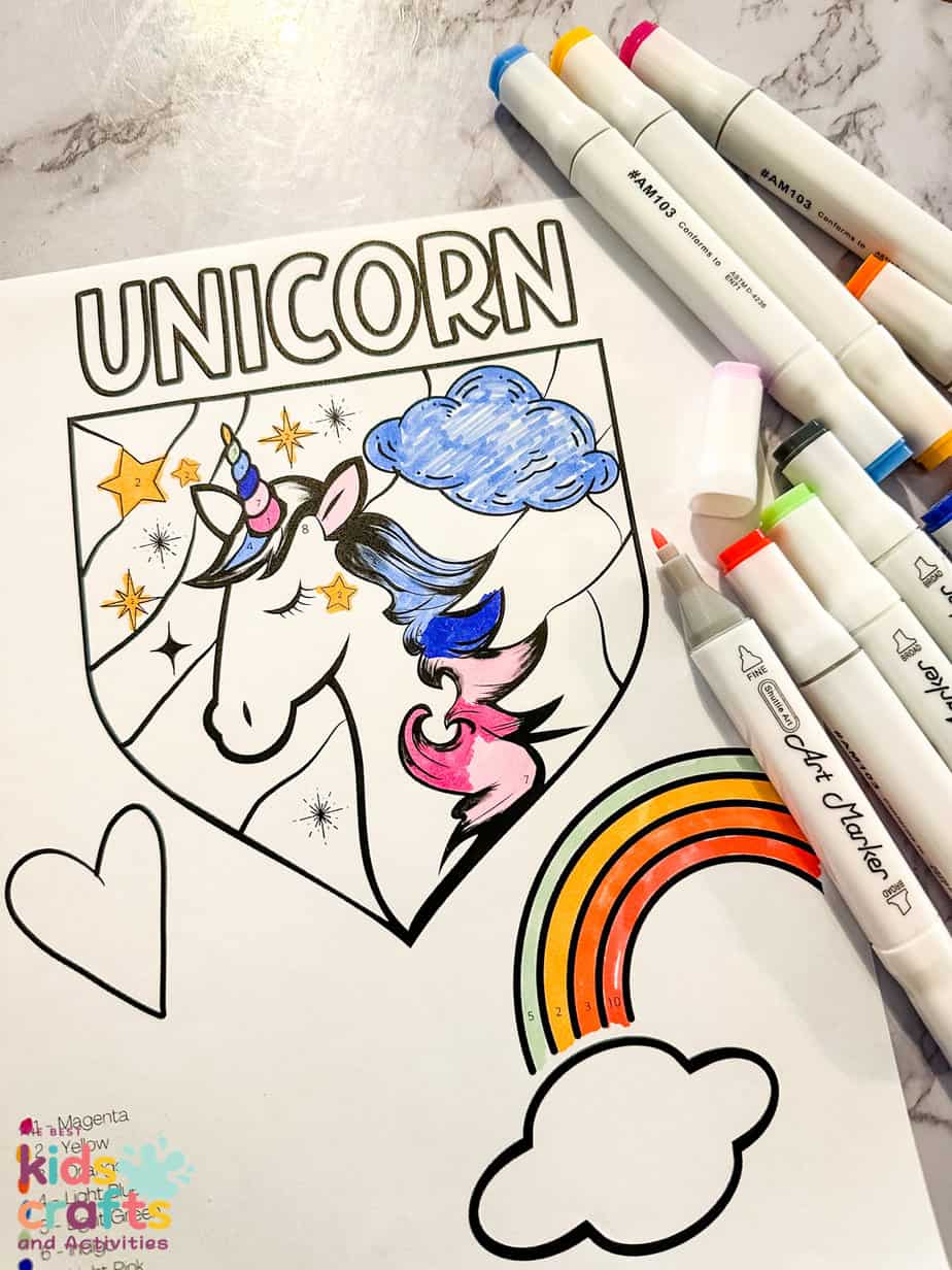 finished unicorn color by number worksheet
